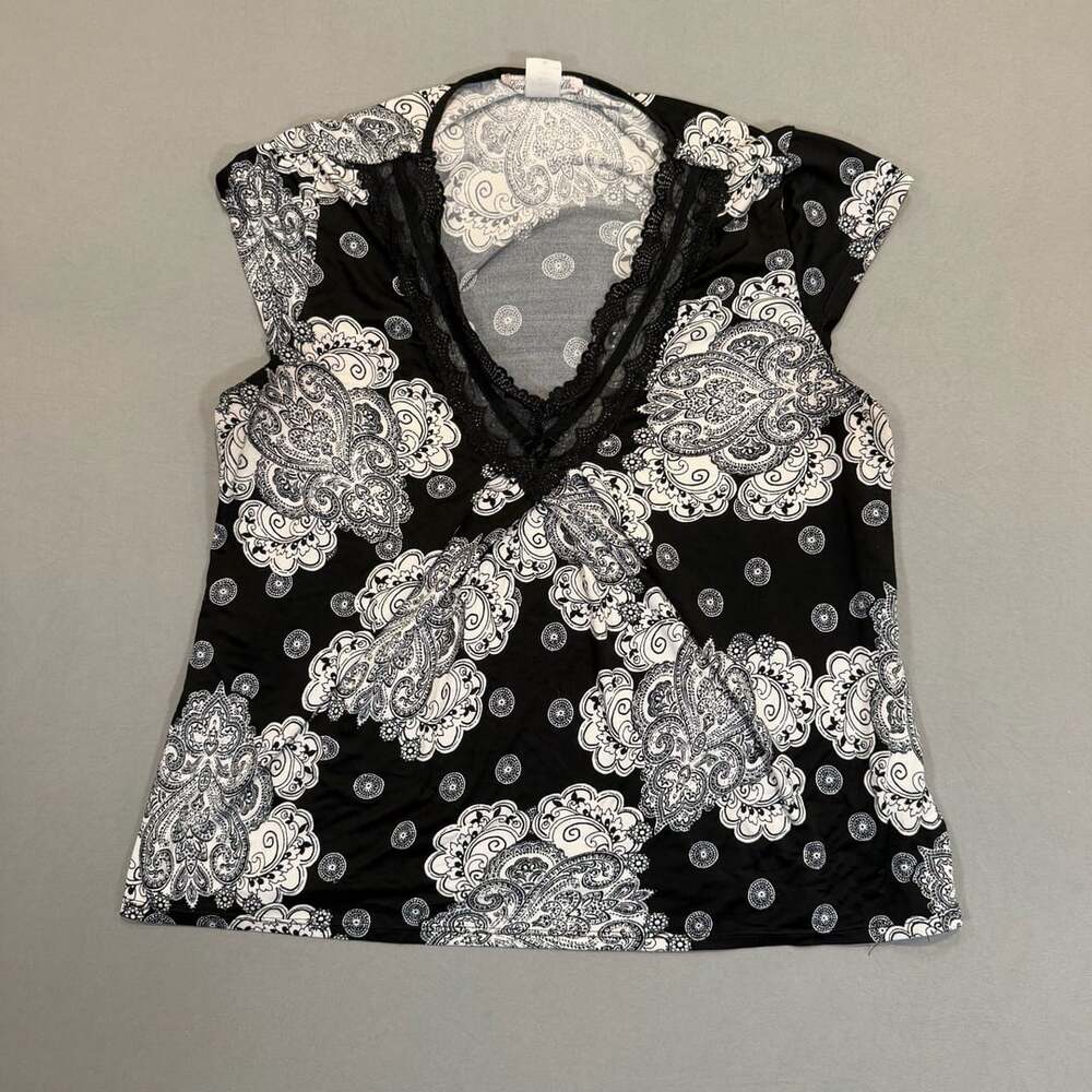 Linea Donatella Sleep Top Size M Black White Paisley Lace Trim